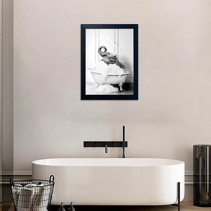 Framed Bathroom Wall Decor Elephant in Bathtub Pictures Wall Art Black and White Funny Animal Canvas Print Artworks for Bathroom