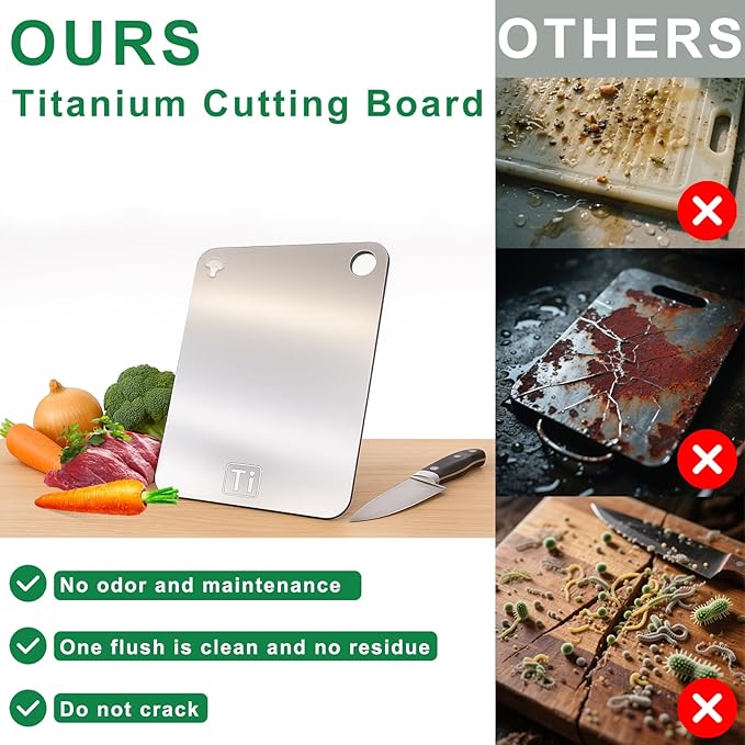 100% Pure Titanium Cutting Board– Double-Sided Metal titanium Cutting Boards for Kitchen, Food-Grade Certified, Dishwasher Safe – Small Titanium Cutting Board 11.4"x7.9" – Gift-Ready