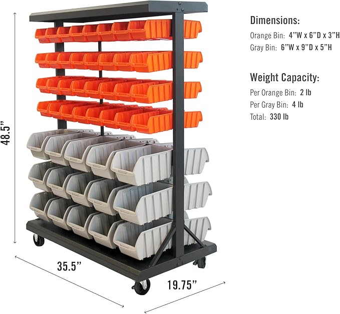 TRINITY 7-Tier Dual-Sided Rolling Bin Rack, 330 Pound Capacity, Includes 94 Organizer Bins, 19.75" x 35.5" x 48.5", Black