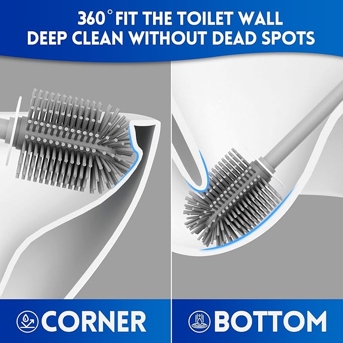 Toilet Brush and Holder Set, Silicone Toilet Bowl Cleaner Brush Bristles, Bathroom and RV Cleaning Tools, Space Saving Toilet Scrubber, Wall Mountable. (Grey)