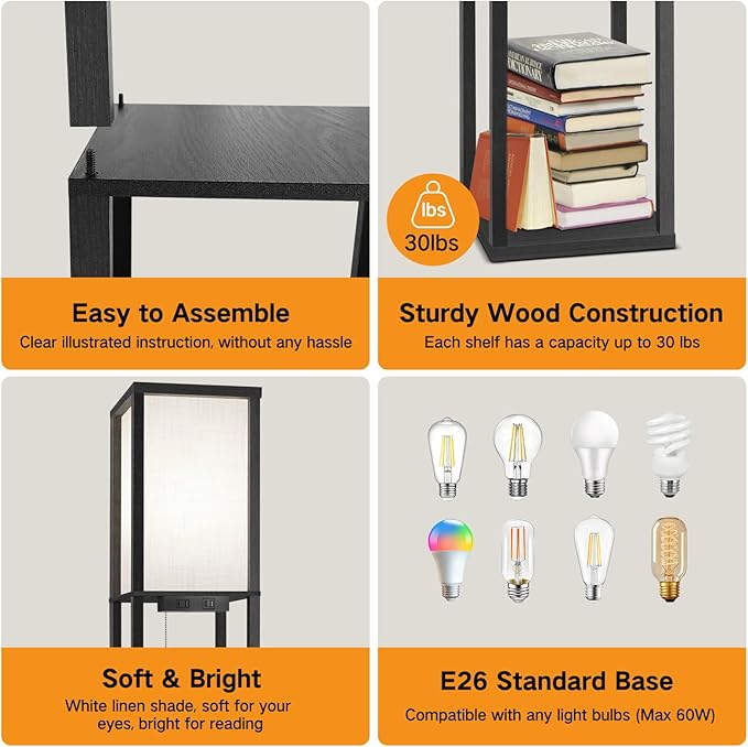 OUTON Floor Lamp with Shelves, LED Shelf Floor Lamp with 1 USB & 1 Type C Ports, 1 AC Outlet, 3 Color Temperature, Storage Display Wood Column Tall Standing Lamp for Living Room, Bedroom Office, Black