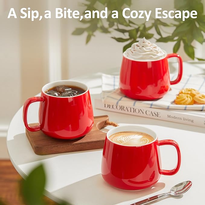 Teocera 16oz Ceramic Coffee Mugs Set of 4 – Stackable Latte Cups, Microwave, Dishwasher & Oven Safe – Ideal for Coffee, Cappuccino, Hot Chocolate, Housewarming Gifts, Red