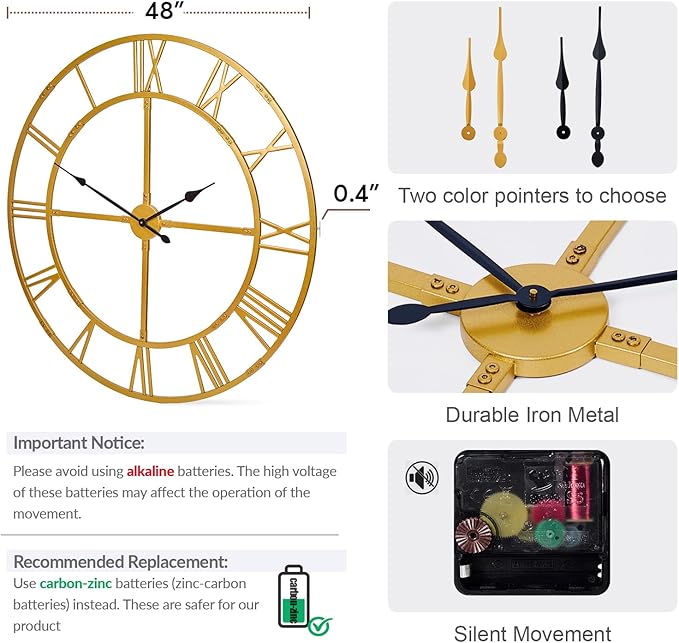 Large Wall Clock for Living Room Decor – 48 inch Silent Non-Ticking Modern Farmhouse Wall Clock, Oversized Decorative Metal Roman Numeral Clock, Gold