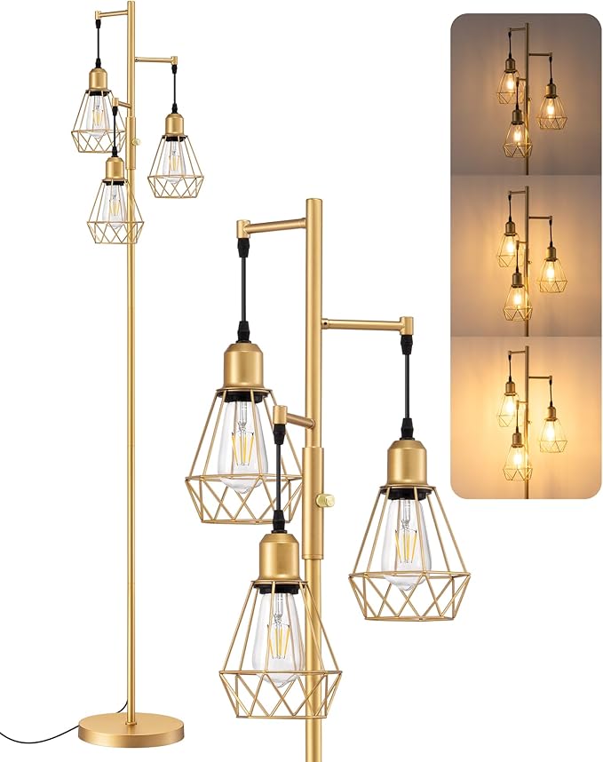 EDISHINE 70'' Dimmable Industrial Floor Lamp, Farmhouse Standing Lamps Diamond-Shaped Lampshade, 3 LED Edison Bulbs Included, Farmhouse Rustic Floor Lamps for Living Room, Bedroom, Office, Gold