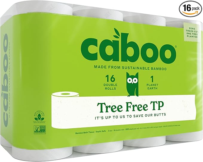 Caboo Tree Free Toilet Paper, Septic Safe Bath Tissue, Soft 2 Ply Sheets, 300 Sheets Per Roll, 16 Double Rolls