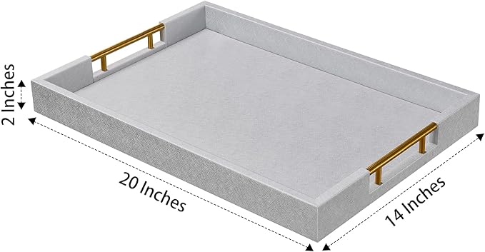 14x20 Inches Silver Faux Leather Wrapped Wood Serving Tray with Metal Handles for Various Occasions, Ottoman, Home Decor Decorative, Living Room, Coffee Table Organizer, Serving Breakfast On Bed