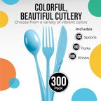 Party Solids Light Blue Plastic Silverware Heavy Duty 300 Pcs Light Blue Plastic Cutlery Sets, Utensil Sets, 100 Of Each Forks, Knives & Spoons Disposable Cutlery Set, Flatware Set For Party Supplies