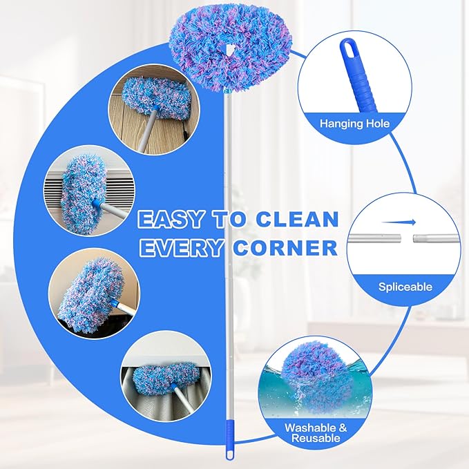 Ceiling Fan Cleaner Duster Reusable Microfiber Ceiling Fan Blade Cleaner Removable Duster with Extension Pole Adjusts 13 to 49.7 Inch for Cleaning Walls Furniture Door Window Top (Blue Pink)