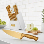 Cuisinart Professional Block Knife Set, 15pc Cutlery Knife Set with Steel Blades for Precise Cutting, Lightweight, Stainless Steel, Durable & Dishwasher Safe (White/Gold)
