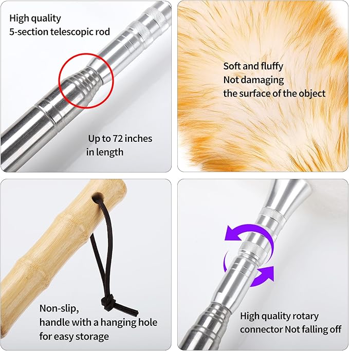 Feathers Duster,Long Telescoping Lambswool Dusters with Stainless Steel Extension Pole Up to 87.8" for Cleaning High Ceiling Fan, High Ceilings,Furniture,Hard to Reach Areas