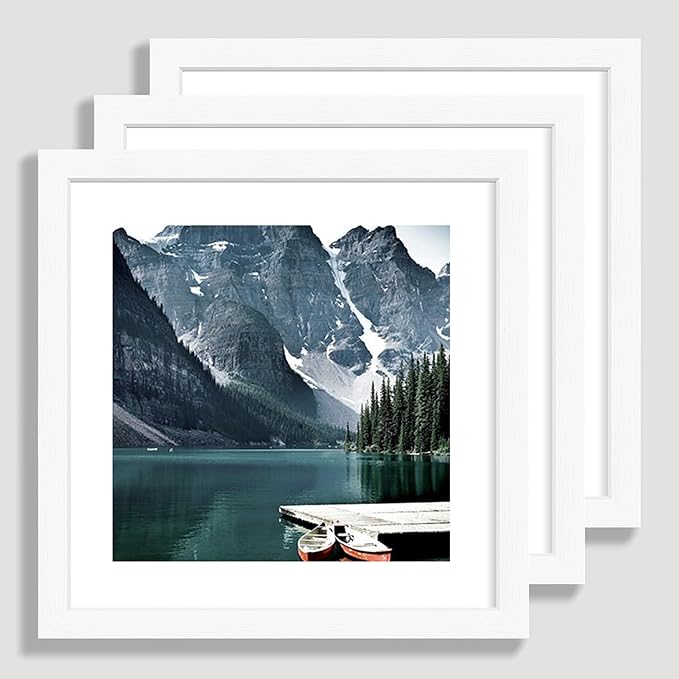10x10 White Picture Frames set of 3, Made of Wooden and Real Glass Square Photo frame - Displays 8x8 Picture With Mat or 10 x 10 Without Mat, Desktop & Wall Collage Frame set