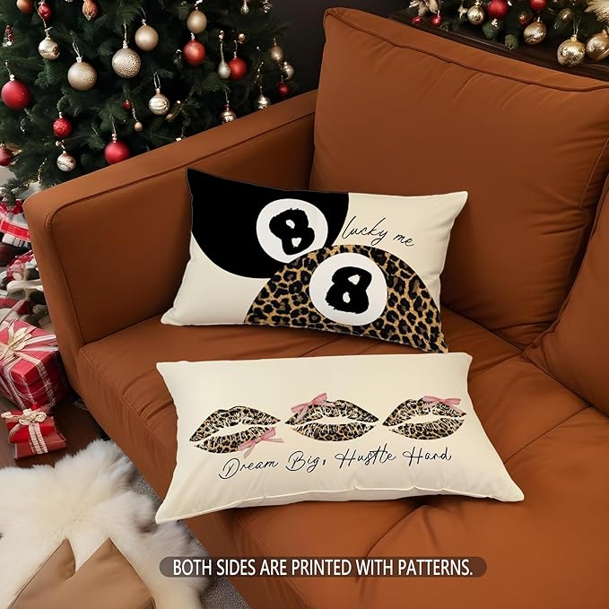 Leopard Star Lucky 8 Ball Throw Pillow Covers 20x12, Cheetah Print Room Decor, Trendy Funky Y2K Leopard Print Decorative Pillow Covers for Girls Room Dorm Apartment Home，Set of 2
