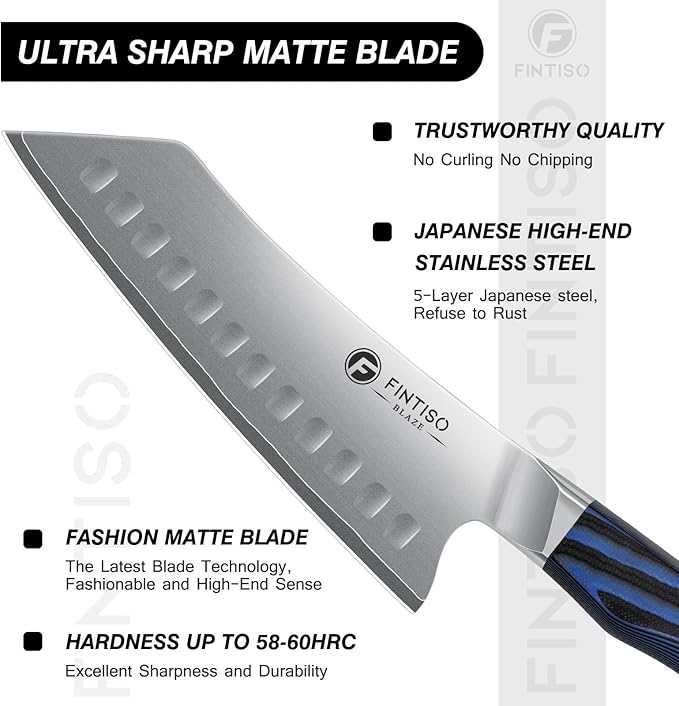 FINTISO 7 Inch Chef Knife, Ultra Sharp Kitchen Knife with G10 Handle, High-End 5 Layers 10Cr15CoMoV Japanese Stainless Steel Santoku Knife, Professional Cutting Knife for Vegetables and Meat