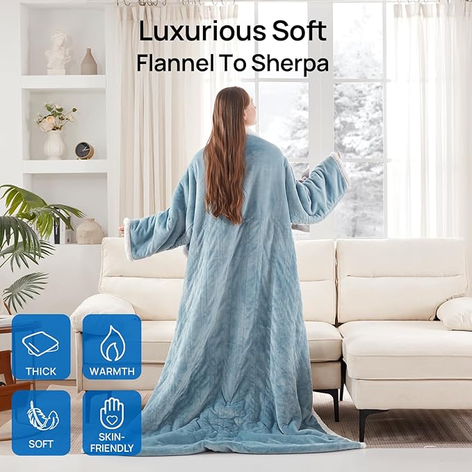 Westinghouse Electric Snuggle Throw Blankets with Foot Pocket, Wearable Heated Blanket with Sleeves, 6 Heating Levels & 2 to 10 Hours Heating Time Settings, 50 * 70"+18", Light Blue