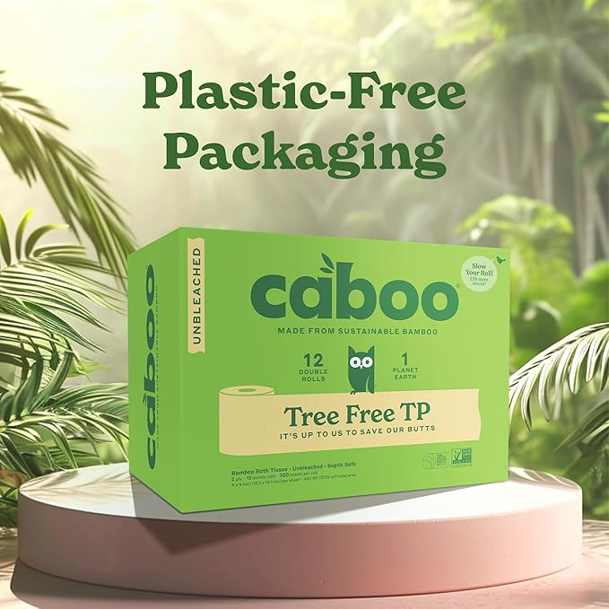 Caboo Tree Free Unbleached Toilet Paper | Plastic Free Packaging, Septic Safe, Eco Friendly, Chemical Free, Non Toxic | 2 Ply Toilet Tissue, Pack of 12 Double Rolls, 300 Sheets Per Roll