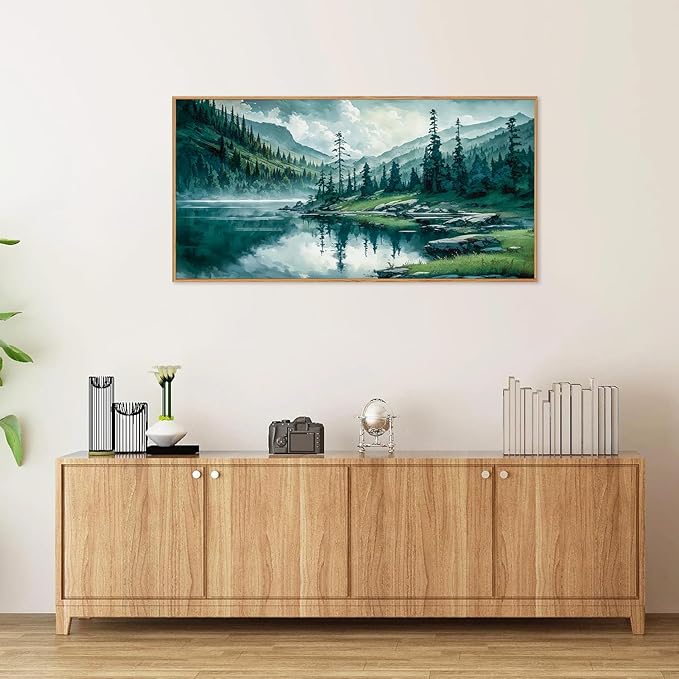 Tinonedraw Large Nature Forest Framed Canvas Wall Art, Boho Mountain Calming Lake Wall Decor, Olive Green Pine Trees Artwork, Northern Wilderness Art Painting for Living Room Bedroom Office 20"x40"