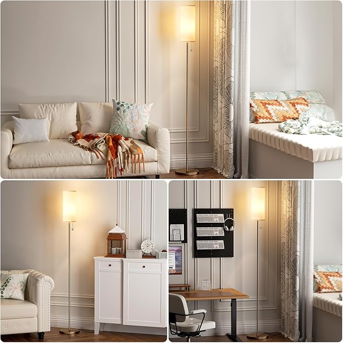 Ambimall Floor Lamp for Living Room with 3 Color Temperatures Bulb, 64" Standing lamp with Linen lampshade for Bedroom, Minimalist Pole Lamp, Dark Beige Shade & Brown Pole