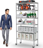 YNN Storage Shelves,6000Lbs 6 Tier Heavy Duty Metal Rolling Shelving Unit with Wheels & 8 Hooks, Adjustable Garage Wire Rack for Kitchen, Bathroom,Industrial,Pantry(36" W x 14" D x 72" H, Chrome)