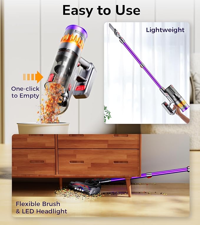 Cordless Vacuum Cleaner, 550W 48Kpa 70 Mins Vacuum Cleaners for Home, Self-Standing Stick Vacuum with Touch Screen, Wall Dock, Anti-Tangle Rechargeable Vacuum for Pet Hair Carpet Hardwood Floor