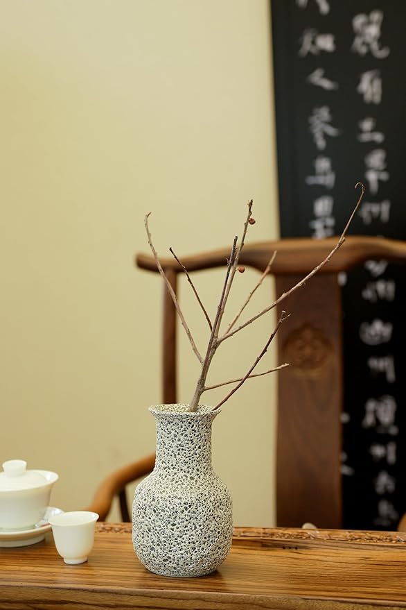 Rustic Pottery Ceramic Vase - Vintage Farmhouse Style Decor, White Grid Ceramic Vases for Home Decor, Modern Farmhouse Decor (White)