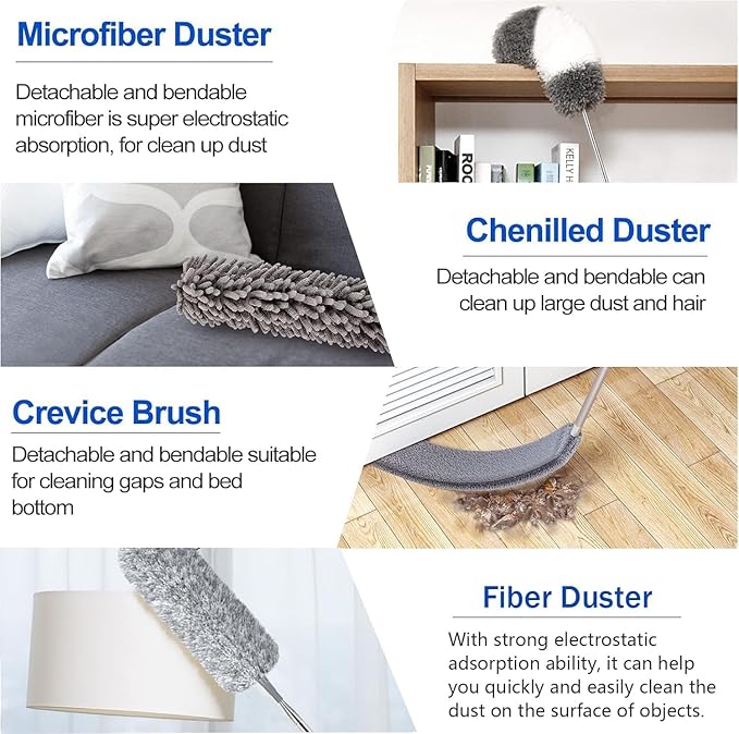 Dusters for Cleaning - 9Pcs Feather Duster Extendable Pole Up to 100'', Microfibre Feather Duster Bendable Washable Long Duster for Cleaning Ceiling Chandelier High Ceiling Furniture