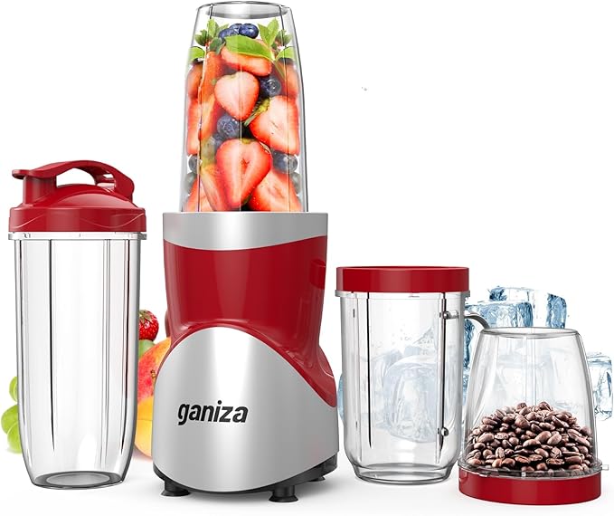 Ganiza 900W Blenders for Shakes and Smoothies, 15-Piece Personal Blender and Grinder Combo for Kitchen, Smoothies Maker with 4 BPA-Free Portable Cup, Nutritious Recipe Red