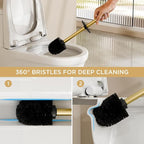 FORIOUS Toilet Brush and Holder Set, 304 Stainless Steel Long Handle and Heavy Duty Base for Bathroom Deep Cleaning, Drip-Proof, Space Saving for Storage, 2 Toilet Bowl Brush Head, Dark Gold