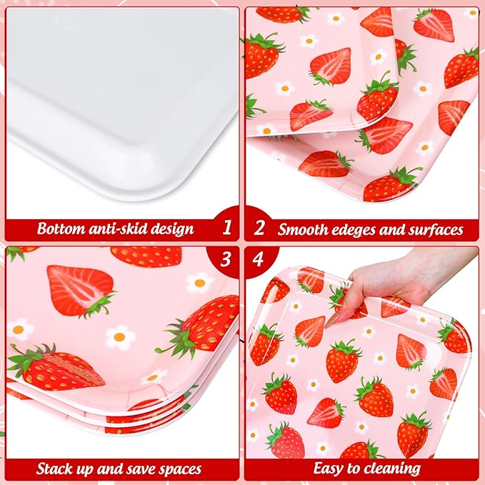 3Pcs Strawberry Serving Trays Red Pink Berry Flower Platter Cute Fruit Serving Dishes for Birthday Baby Shower Party Sharing Snacks Fruit Dessert Candy