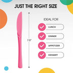 Party Solids Hot Pink Plastic Knives 200 Pcs Hot Pink Knives Disposable Utensils Heavy Duty Plastic Cutlery Set Disposable Cutlery Sets Flatware Sets Silverware Set Party Supplies & Party Tableware