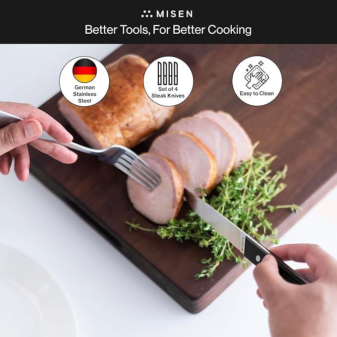 Misen Steak Knives Set of 4 - Precision Serrated Blades for Effortless Dining - Stainless Steel - Superior Cuts with Four Steak Knives Handles - Black