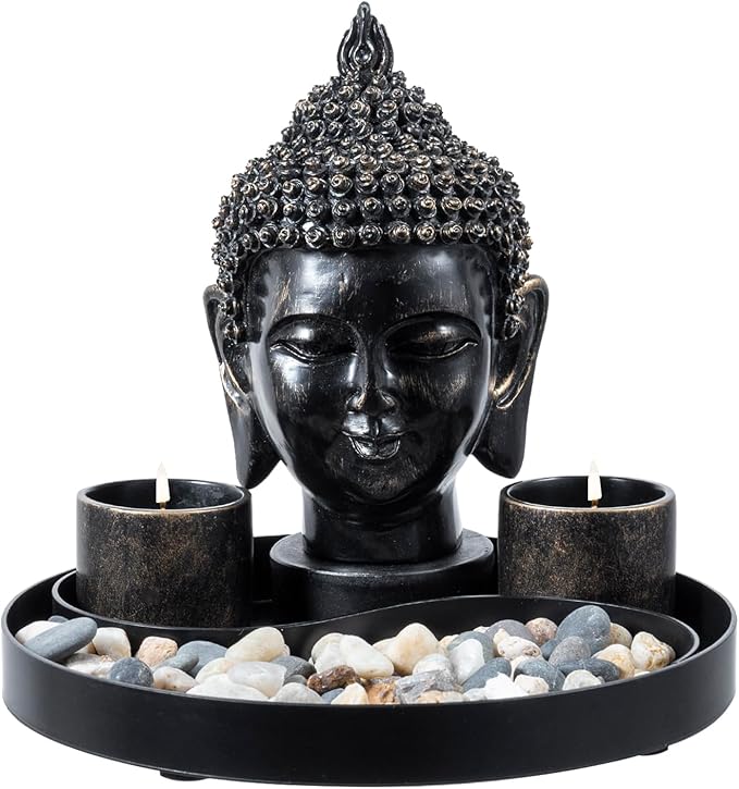 MyGift Black Resin Buddha Head Sculpture Zen Garden Miniature Landscape Set for Desk Decor, Includes 2 Tea Light Candle Holders, Decorative Pebble Rocks and Metal Yin Yang Shaped Design Display Tray