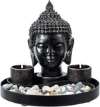 MyGift Black Resin Buddha Head Sculpture Zen Garden Miniature Landscape Set for Desk Decor, Includes 2 Tea Light Candle Holders, Decorative Pebble Rocks and Metal Yin Yang Shaped Design Display Tray