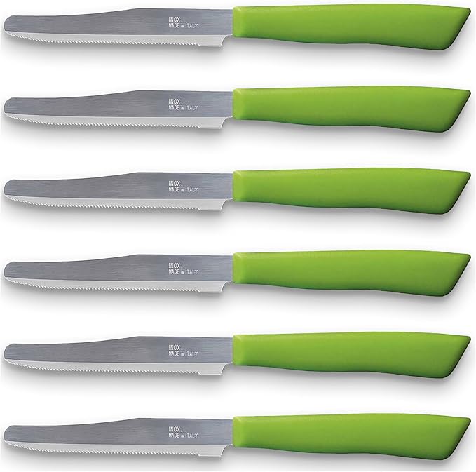 6 kitchen Knives - 4.3"/11cm Italian Stainless Steel Serrated Vegetable/Steak/Table Knife Cutlery, Rounded Tip (Green)