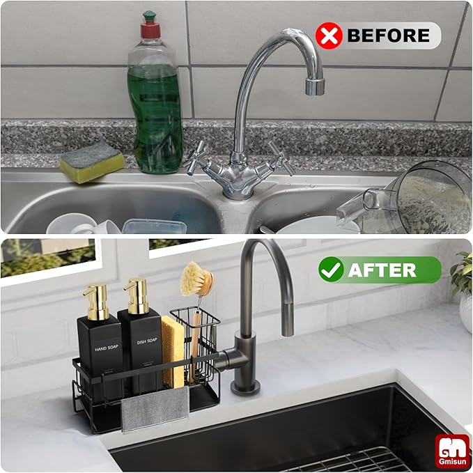 GMISUN Dish Soap Dispenser for Kitchen, 12 Fl oz / 350 ml Kitchen Soap Dispenser with Sponge Holder, Modern Black Glass Soap Dispensers with Gold Pump, Customized Hand and Dish Soap Dispensers Set