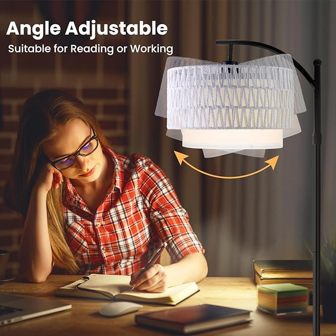 Arc Floor Lamp for Living Room,Farmhouse Floor Lamps with Remote Control & Dimmable Bulb,White Rattan Boho Tall Standing Lamp for Bedroom Office