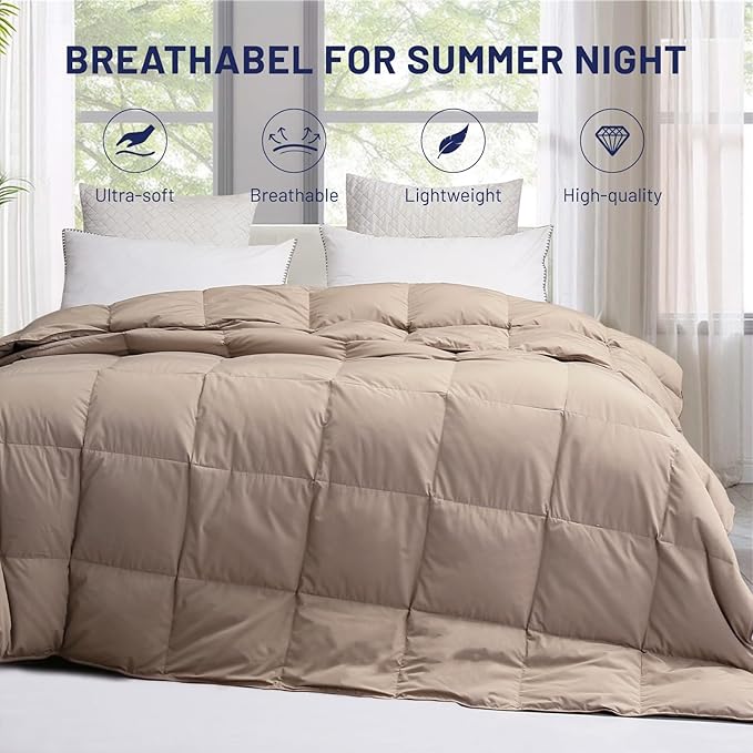 SNOWMAN Extra-Soft Down Blanket Twin, Lightweight Down Comforter with 8 Corner Tabs, Cooling Bed Comforter for Hot Sleeper, 14oz Fill Weight and Noiseless Down Proof Fabric (Khaki, 68"x90")