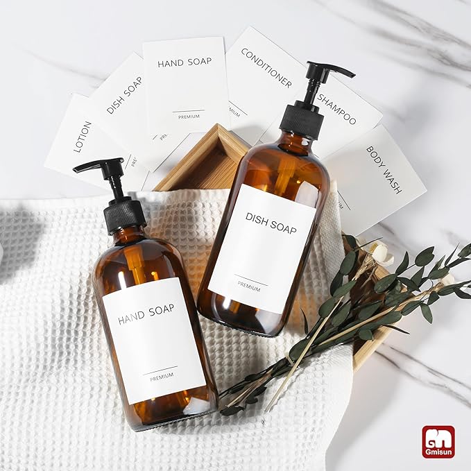 GMISUN Amber Glass Soap Dispenser, 2 Pack Bathroom Hand Soap Dispensers with Stainless Steel Pump, 17 Fl Oz Kitchen Hand and Dish Soap Dispenser Set, Modern Vintage Liquid Brown Soap Dispensers Bottle