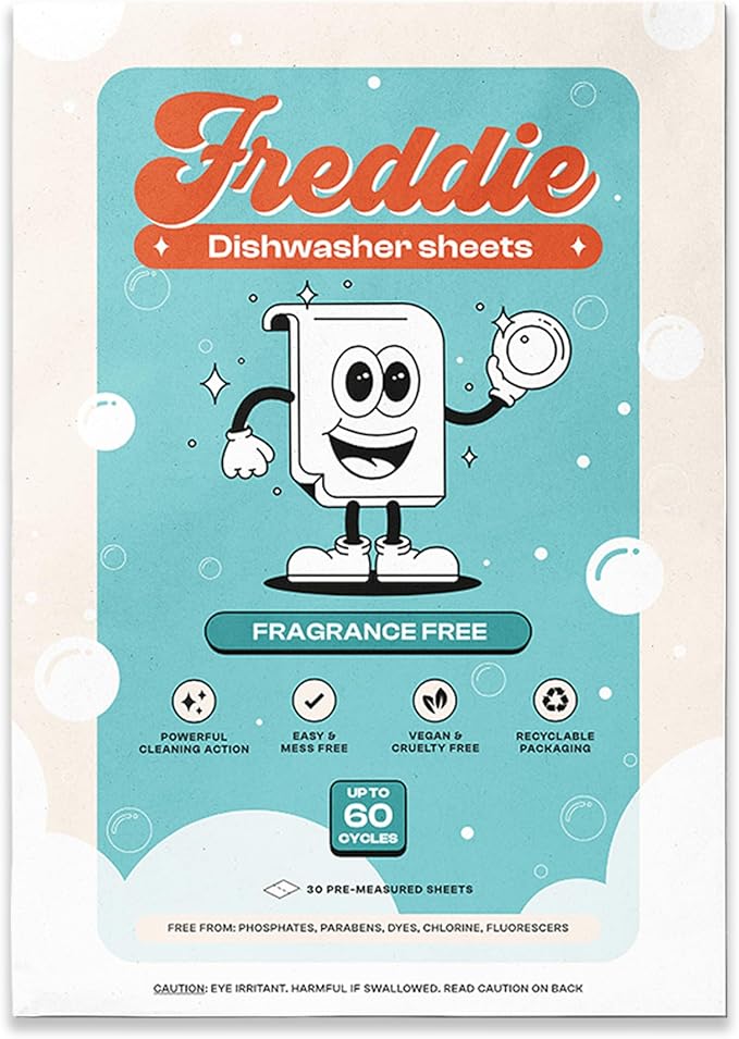 Freddie Dishwasher Sheets Fragrance Free - Space-Saving Alternative to Liquid Detergent - 60 Loads Concentrated Plastic Jug Free Strips