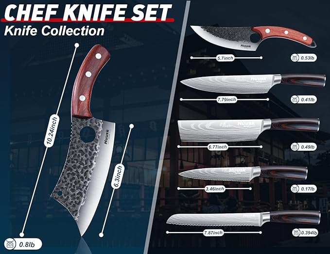 Huusk Japanese Knife Set 6pcs, Kitchen Knife Set with Gift Box, Butcher Knife Set for Meat Cutting, Cooking Knife Set with Meat Cleaver, Chef Knives Set Professional, Cool Mens Knife Gift Set