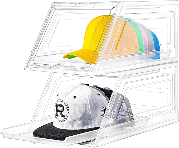 2 Pack Hat Organizer for Baseball Caps,Large Clear Cap Organizer with Drawer,Hats Holder Box for Closet with Sliding Tray,Stackable Hat Rack Display Case,Multi-use Hat Case for Caps,Each Holds 12 Hats