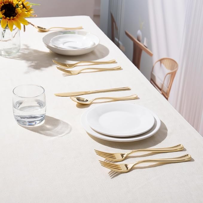 144 Pack Gold Premium Plastic Cutlery Disposable Silverware Set - 48 Forks, 48 Knives, 48 Spoons - For Catering, Parties, Dinners, Weddings, and Everyday Use, Plastic box packaging