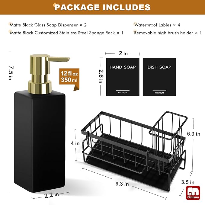 GMISUN Dish Soap Dispenser for Kitchen, 12 Fl oz / 350 ml Kitchen Soap Dispenser with Sponge Holder, Modern Black Glass Soap Dispensers with Gold Pump, Customized Hand and Dish Soap Dispensers Set