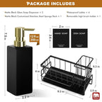 GMISUN Dish Soap Dispenser for Kitchen, 12 Fl oz / 350 ml Kitchen Soap Dispenser with Sponge Holder, Modern Black Glass Soap Dispensers with Gold Pump, Customized Hand and Dish Soap Dispensers Set