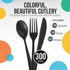 Party Solids Black Plastic Silverware Heavy Duty 300 Pieces Black Plastic Cutlery Sets, Utensil Sets, 100 Of Each Forks, Knives & Spoons Disposable Cutlery Set, Flatware Set For Party Supplies