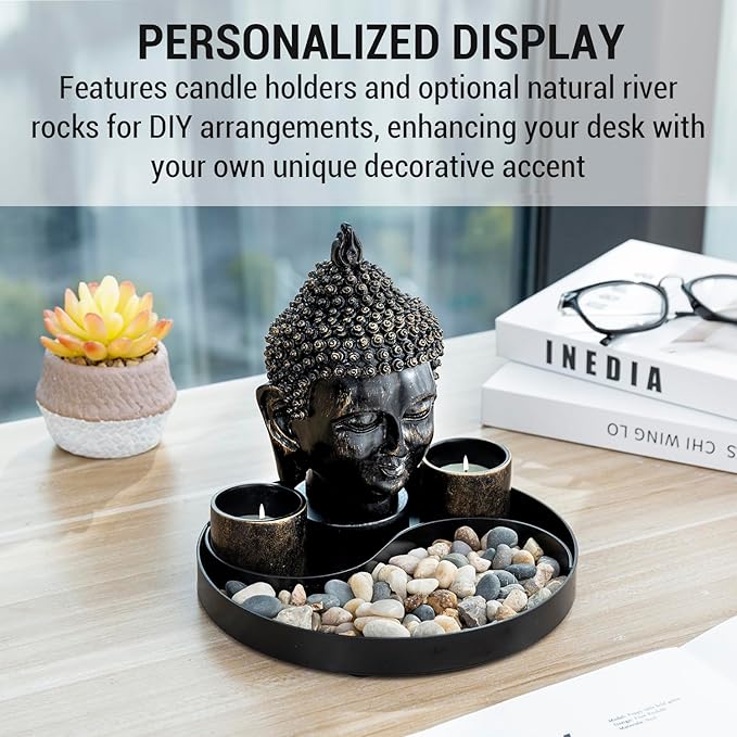 MyGift Black Resin Buddha Head Sculpture Zen Garden Miniature Landscape Set for Desk Decor, Includes 2 Tea Light Candle Holders, Decorative Pebble Rocks and Metal Yin Yang Shaped Design Display Tray