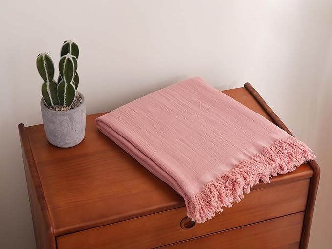 100% Cotton Muslin Throw Blanket for Bed, Couch, Small, Decorative, Soft, Pre-Washed, Breathable and Lightweight Gauze Blanket with Tassels, Suitable for All Seasons, Pink, 50"x60"
