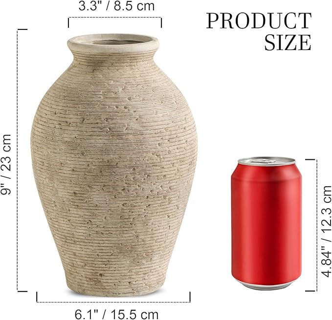 Ceramic Flower Vase Home Decor - Large Farmhouse Table Vases Rustic Vintage Living Room Kitchen Bedroom Decorations for House Book Shelf Office Coffee Desk Dining Fireplace (9" Retro)