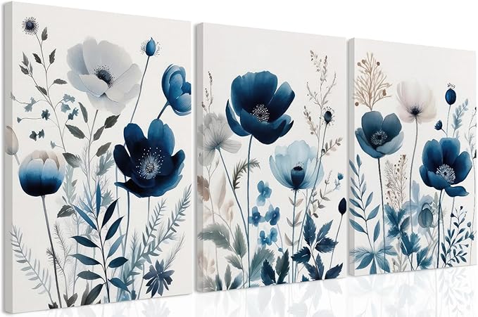 DUWQU 3 Pcs Blue Floral Canvas Wall Art, Elegant Navy Blue Wildflower Lily Daisy Art Wall Decor, Watercolor Botanical Flower Home Poster Art Prints for Living Room Bedroom Bathroom 16×24 Inches