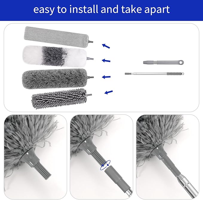 PHABLUS 10 PCS Dusters for Cleaning, Microfiber Duster with Extension Pole Up to 100'', Bendable Washable Cleaner Dusters for Ceiling Fans, High Ceiling, Furniture, Blinds
