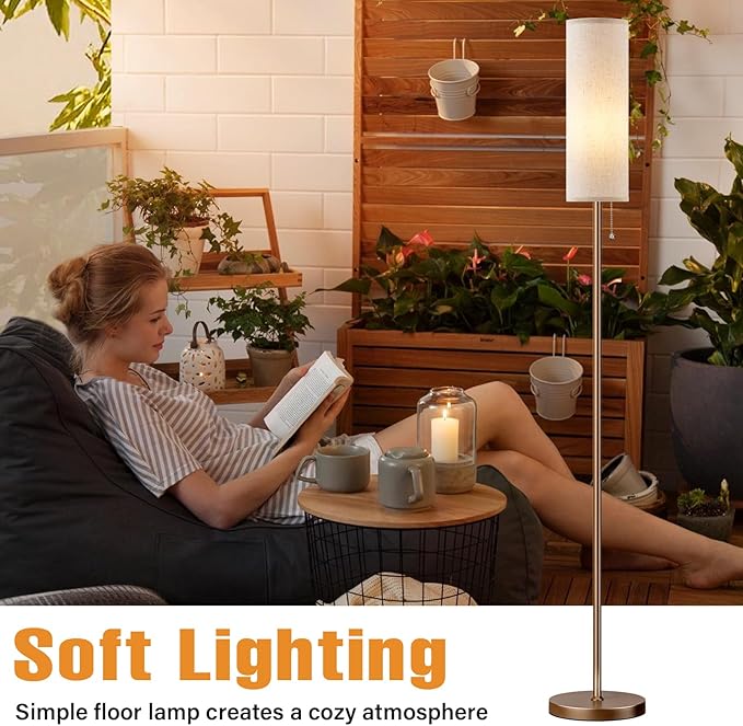 Ambimall Floor Lamp for Living Room with 3 Color Temperatures Bulb, 64" Standing lamp with Linen lampshade for Bedroom, Minimalist Pole Lamp, Dark Beige Shade & Brown Pole